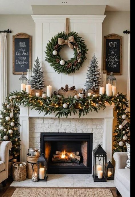 Christmas Decor Ideas Foyer, Mantel With Stockings And Garland, Christmas Corner Fireplace Decor, Christmas Decorated Fireplaces, Christmas Decoration Themes For Home, Christmas Mantle With Candles, Decorated Mantels For Christmas, Garland Over Fireplace, Modern Christmas Decor Living Rooms