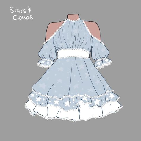 Fluffy Dress Drawing Reference, Blue Clothes Drawing, Fluffy Dress Drawing, Outfit Ideas For Art, Blue Outfit Drawing, Cute Dress Drawing, Blue Dress Drawing, Outfits Drawing Reference, Cyan Outfit