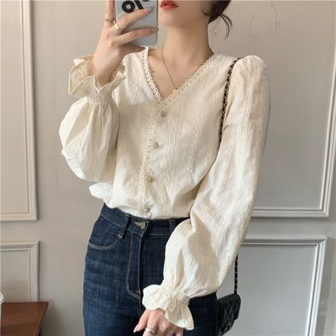 How are you enjoying the end of summer? I pers onally think that Autum is the best season to dress pretty clothes. All the pretty long sleeve blouses, think jackets, boots, and autumn color bags to match. This very feminine ivory blouse is here to please our end of summer 😍 It's in size M to 4XL, and I'm wearing medium-sized photos in the photos. Global shipping is available as always, and it will be uploaded on our shopify website tomorrow evening in Korean time. We hope that you lik... Autumn Korean Fashion, Plaid Jacket Women, Lace Long Sleeve Shirt, Lace Trim Blouse, Casual Long Sleeve Shirts, Crochet Blouse, Aesthetic Outfit, Casual Tops For Women, Spring Tops