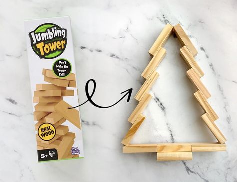 Christmas Tree Out Of Jenga Blocks, Wood Blocks Christmas Tree, Wood Block Crafts Diy Project Ideas, Simple Christmas Diy Decor, Dollar Store Christmas Crafts Diy Simple, Inexpensive Christmas Crafts, Jenga Block Cross, Diy Wood Christmas Gifts, Christmas Dollar Tree Crafts