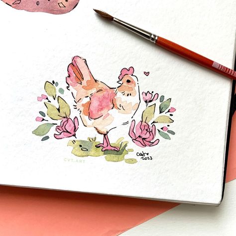 Easy Watercolor Illustration, Simple Watercolor Illustration, Watercolour Illustration Art, Spring Watercolor Ideas, Chicken Cute Art, Watercolor Design Ideas, Watercolor Sketchbook Journal Ideas, Gouache Card, Cute Watercolour Painting