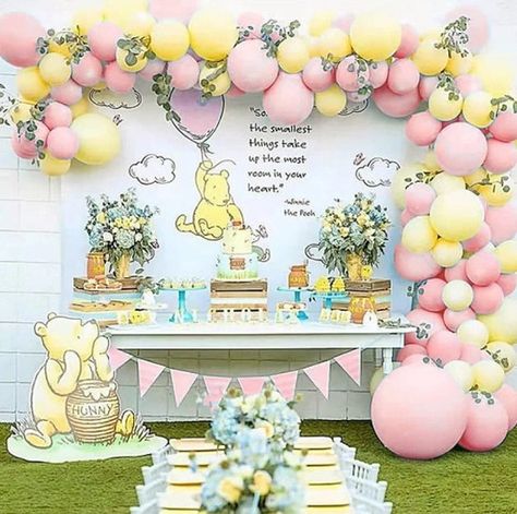 Winnie the Pooh Themed Baby Shower Decorations and Favors – Baby Shower Ideas 4U Pooh Balloon, Winnie The Pooh Birthday Party, Pooh Birthday Party, Baby Shower Balloon Arch, Pooh Party, Birthday 1st, 1st Birthday Balloons, Winnie The Pooh Themes, Gender Reveal Themes