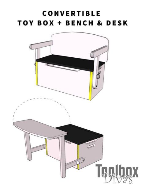 3 in 1 convertible Kids Bench + Toy box storage that converts into a desk.  Organize the clutter in the kids room with multi-functional furniture for kids #MadeWithKreg @ToolboxDivas #DIYProject #woodworking Toy Box Bench, Diy Kids Desk, Toy Box Storage, Kids Bench, Kids' Desk, Bench Set, Toy Storage Boxes, Kraf Diy, Multifunctional Furniture