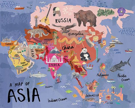 Aesthetic Geography, Continents Of The World, World Map Continents, Maps Aesthetic, Asia Continent, Illustrated Maps, Travel Collage, Asia Map, Geography Map