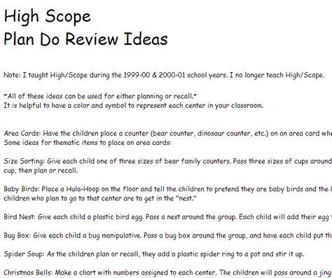 High Scope Plan Do Review Ideas from prekinders.com Letter Links High Scope, High Scope Curriculum Preschool, High Scope Lesson Plans For Preschool, High Scope Classroom Set Up, High Scope Preschool, High Scope Curriculum, Plan Do Review, Preschool Interior, High Scope