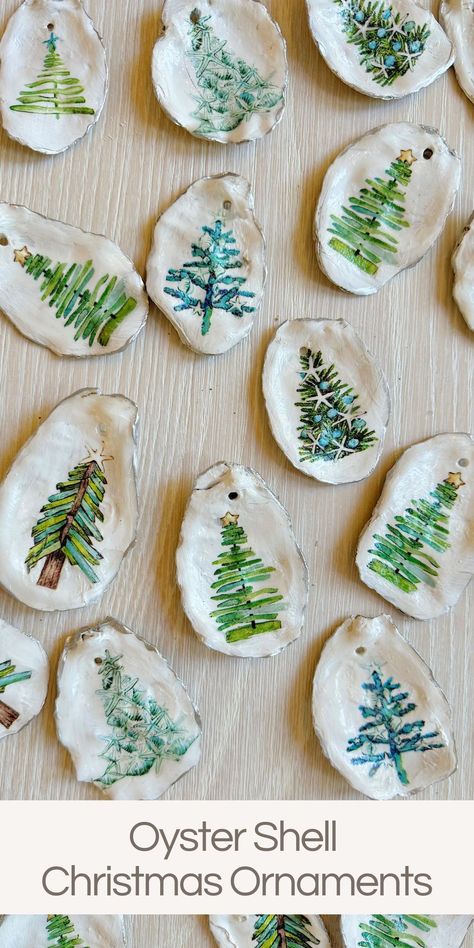 Creating oyster shell Christmas ornaments with paper napkins is an incredibly easy and enjoyable craft that combines natural elements with artistic flair. Seashell Xmas Ornaments, Decorating Oyster Shells Diy, Crafts With Oyster Shells Diy, Seashell Crafts Christmas, Sea Shell Ornaments Diy, Oyster Shell Christmas Ornaments Diy, Sea Urchin Shell Crafts, Christmas Seashell Crafts, Christmas Shell Crafts