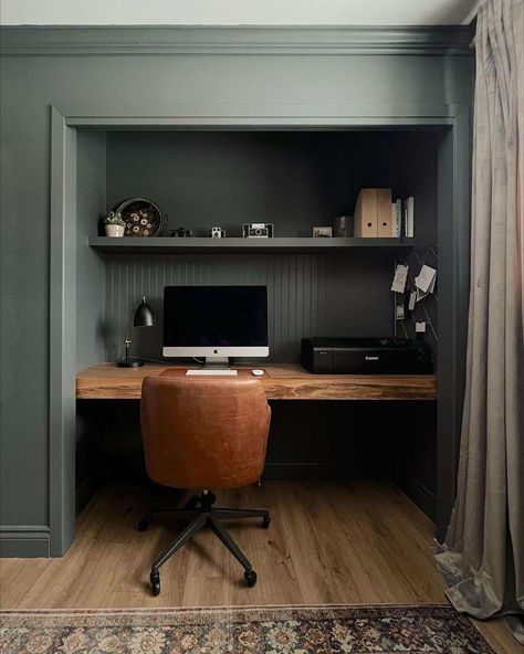 Try These Stylish Closet Offices to Elevate Your Workspace Home Office Mudroom Combo, Office Desk In Closet Built Ins, Desks In Closets Ideas, Computer Nook Ideas, Home Office In A Closet Ideas, Closet With Desk Inside, Built In Desk In Closet, Desk Built Into Closet, Basement Office Nook