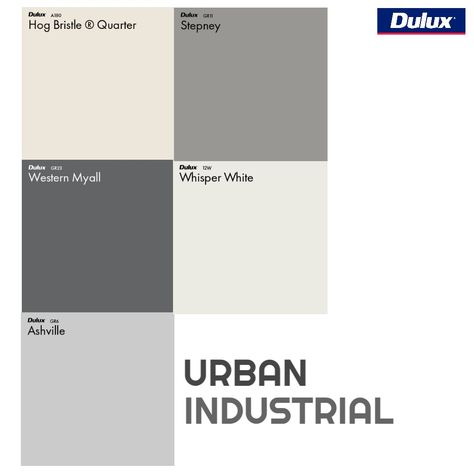 Dulux Urban Industrial Colour Palette Mood Board  Paint colours, interior design Industrial Wall Colors, Modern Industrial Color Scheme, Industrial Colour Scheme, Urban Colour Palette, Industrial Interior Design Colour Palette, Concrete Colour Palette, Modern Industrial Colour Palette, Industrial Color Pallete, Exterior Paint Colours Australia