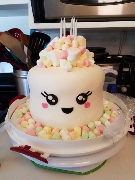 Marshmallow cake for little girl who loves them! Eighth Birthday Cake, Marshmallow Cake Design, Birthday Cake For 9 Yrs Old Girl, Marshmallow Birthday Party Ideas, Kids Birthday Cakes Girls Easy, Girls 6th Birthday Cake, Marshmallow Birthday Cake, Bday Cakes For Girls, Marshmallow Birthday