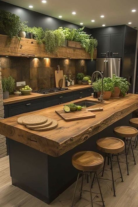 Sustainable Kitchen Ideas, Best Kitchen Ideas Interior Design, Forest Kitchen Theme, Nature Kitchen Aesthetic, Eco Kitchen Design, Forest Themed Kitchen, Home Upgrade Ideas, Gourmet Kitchen Ideas, Chef Kitchen Ideas