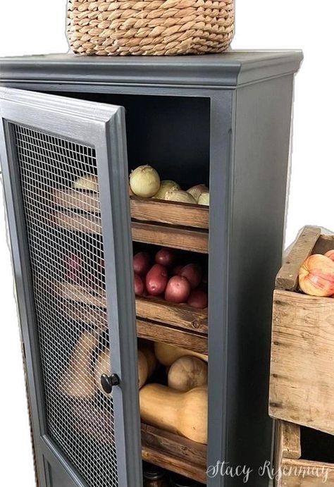 Outside Pantry Storage Ideas, Kitchen Storage Cabinets Farmhouse, Diy Veggie Storage, Food Storage Furniture, Diy Root Vegetable Storage Bin, Wood Kitchen Storage Cabinets, Wooden Produce Storage, Fruits Storage Kitchen, Onion Garlic Potato Storage Ideas