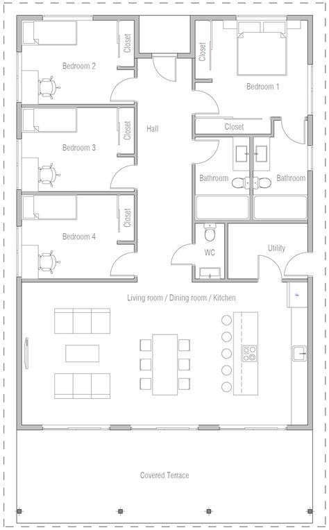 Four Bedroom House Plans, Simple Floor Plans, 5 Bedroom House Plans, Modern Floor Plans, Affordable House Plans, Small House Floor Plans, Casa Country, House Plan Gallery, Home Design Floor Plans