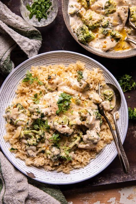 Crockpot Creamy Broccoli Cheddar Chicken. - Half Baked Harvest One Pan Dinners Stovetop, Minimum Ingredient Dinners, Healthy One Pan Dinner, Parmesan Ranch Chicken, Parmesan Ranch, Bake Dinner, Cheddar Recipes, Broccoli Cheddar Chicken, Half Baked Harvest Recipes