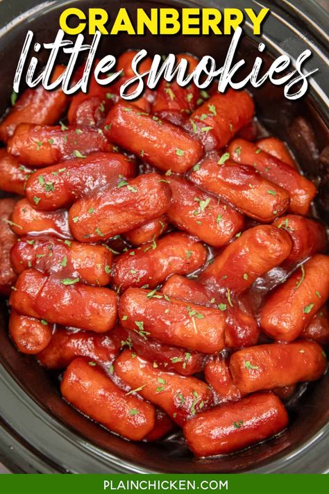 Cranberry Little Smokies Recipe - These bite-sized cocktail weenies are slow-cooked to perfection in a tantalizing blend of cranberry sauce and chili sauce. Sweet, tangy, and spicy, they're the ultimate party appetizer that will disappear in no time. They make a great appetizer for tailgating on game day, holiday gatherings, or any occasion where deliciousness is a must! Thanksgiving Little Smokies, Little Cocktail Smokies, Cranberry Lil Smokies, Breakfast Lil Smokies, Little Sausages In Crockpot, Cranberry Little Smokies, Little Smoky Appetizers, Cocktail Franks Appetizers, Crock Pot Lil Smokies Recipes