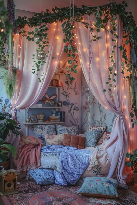 Create Your Bohemian Oasis: Dreamy Bedroom Decor Ideas Vines Canopy Bed, Ivy Fairy Lights Bedroom, Cozy Whimsical Bedroom, Canopy Bed With Plants, Vine Canopy Bedroom, Fairy Bedroom Aesthetic, Fairy Garden Bedroom, Fairy Core Aesthetic, Fairy Bedroom