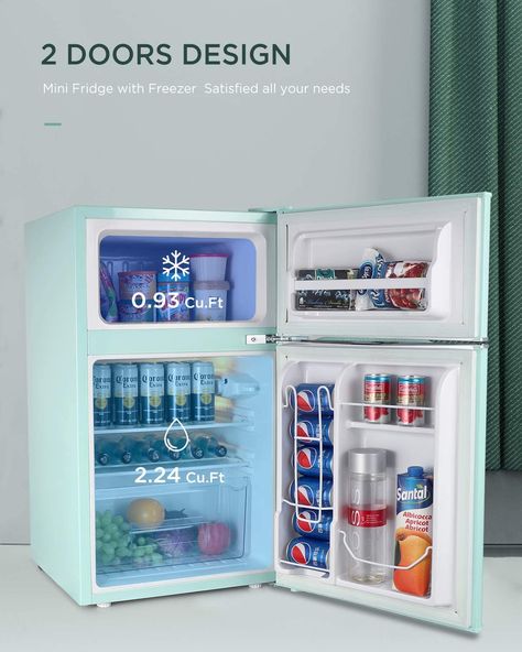 Introducing the WATOOR 3.2 CU. FT. Mini Refrigerator With Freezer, the ultimate solution for all your food and beverage storage needs. Whether you're in the office, dorm, apartment, or bedroom, this compact and versatile fridge is designed to keep your items cool and fresh, providing convenience and peace of mind. With a spacious 3.2 cubic feet capacity, this mini refrigerator offers ample storage space for your favorite drinks, snacks, fruits, and more. Bedroom Mint Green, Mini Fridge In Bedroom Aesthetic, Bedroom Mint, Mini Fridge In Bedroom, Dorm Fridge, Black And Purple Wallpaper, Mini Fridge With Freezer, Bunny Room, Compact Fridge