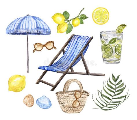 Watercolor summer marine illustration. Beach chair, umbrella, sunglasses, bag, mojito cocktail, isolated. Watercolor summer beach clipart. Hand painted striped royalty free illustration Marine Illustration, Umbrella Drawing, Umbrella Illustration, Beach Drawing, Beach Clipart, Mojito Cocktail, Summer Clipart, Summer Illustration, Beach Chair Umbrella