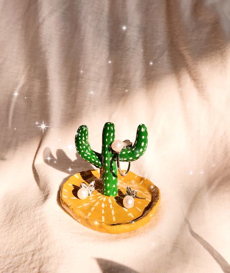 Cactus Ring Holder Clay, Cactus Earring Holder, Air Clay Earring Holder, Pottery Jewellery Holder, Cactus Clay Art, Clay Art Jewelry Holder, Clay Accessories Holder, Clay Earring Holder Diy, Air Dry Clay Cactus