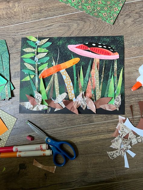 Grade Two Art Projects, Mushroom Art Kindergarten, Grade 1 Art Activities, Fall Art Class Projects, Habitat Art Projects For Kids, Collage House Art, Woodland Animal Art Projects For Kids, Children’s Art Projects, Mushroom Art Projects