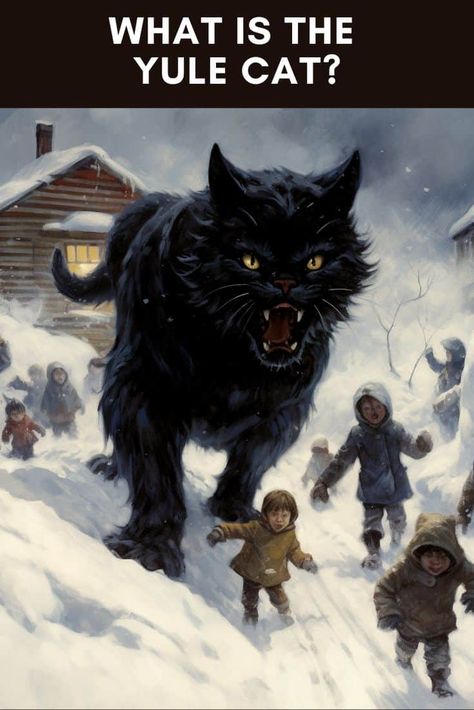 The Yule Cat, known as Jólakötturinn (YOH-la-ko-tuhrin) in Icelandic, is a massive creature from Icelandic folklore that prowls the country on Christmas Eve. Yule Cat Iceland, Yule Tattoo Ideas, Yule Backgrounds Wallpapers, Yule For Kids, Yule Folklore, Yule Aesthetic Pagan, Yule Colors, Yule Images, Yule Illustration