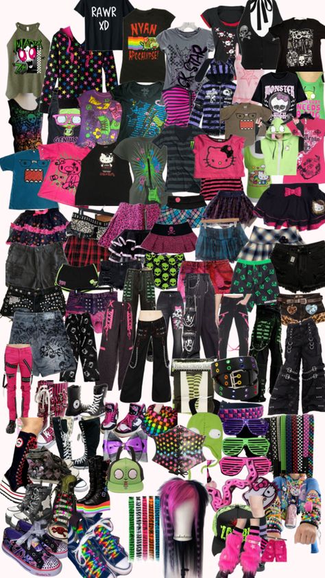 #scene #scenecore #emo #colors #Kandi #rainbow #gir #clothes #tops #bottoms #closet #shoes #dream #scenepop #pop #trending #pintrest #save #monster #hellokitty #hastag #Asthetic #asthetics #pintrest Scene Core Outfit, Scenecore Clothes, Scenecore Kandi, Scenecore Outfit, Dark Decora, Goth Fits, Emo Fits, Closet Shoes, Scene Core