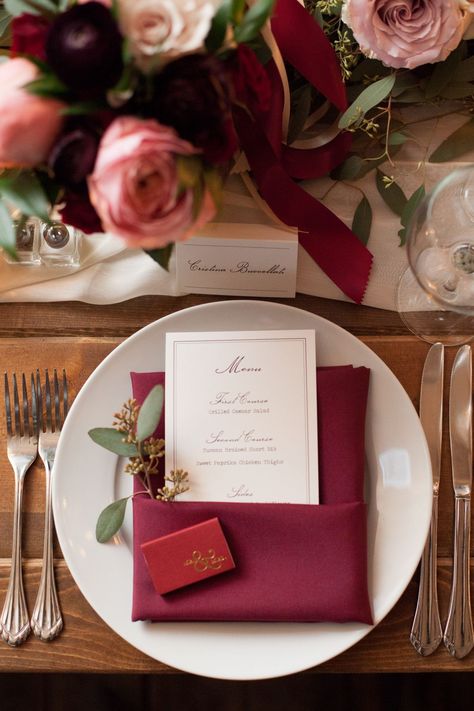 Wedding Plate Setting, Chicago Fall, Burgundy And Blush Wedding, Red Napkins, Marsala Wedding, Wedding Plates, Wedding Place Settings, Ruby Wedding, Garden Rose