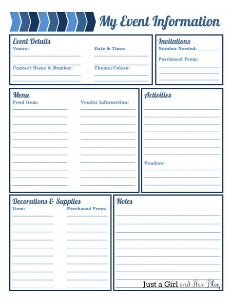 My Event Information printable by Just a Girl and Her Blog - organized list for planning your party/event. Party Planner Template, Event Planning Binder, Event Planning Guide, Event Planning Worksheet, Event Planning Organization, Event Planning Printables, Party Planning Business, Event Planning Business Cards, Party Planning Checklist