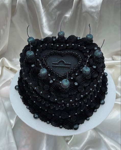 Small black vintage cake with glitter cherries and Libra decoration Beautiful Black Cakes, Black Libra Cake, Black Heart Shaped Birthday Cake, Black Cake With Pearls, Black Vintage Heart Cake, Black Heart Birthday Cake, Black 21st Birthday Cake, Libra Szn Cake, Black Heart Shaped Cake