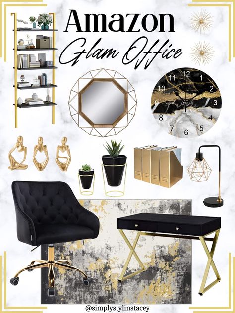 Shop recommended products from Simply Stylin' Stacey on www.amazon.com. Learn more about Simply Stylin' Stacey's favorite products. Office Decor With Gold Accents, Black Gold Pink Office, Black And Brown Office Ideas, Black White Gold Home Office, Black White Grey Gold Office, Black And Gold Dressing Room, Black White And Gold Home Office, Black And Gold Office Design, Amazon Glam Office