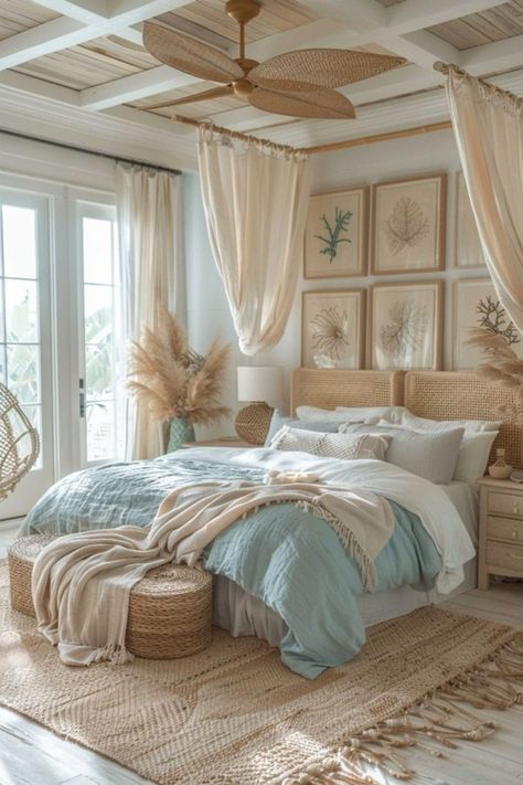 Modern Boho Room Ideas, Modern Beach Home Decor, Ocean Boho Bedroom, Boho Beach Interior, Santorini Bedroom Ideas, Bohemian Beach Bedroom Ideas, Boho Costal Bedroom, Bedroom Design Color Palettes, Light And Airy Bedroom Paint Colors