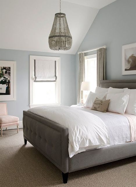 Blue gray bedroom with beaded chandelier and gray bed Blue Gray Bedroom, Blue Bedroom Walls, Blue Gray Paint, House Of Turquoise, Murphy Beds, Gorgeous Bedrooms, Master Bed, 아파트 인테리어, Bedroom Paint Colors