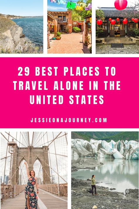 Pinterest pin that shows some of the best places to travel alone in the united states. Top Usa Travel Destinations, Best Solo Trips For Women In The Us, Best Solo Trips For Women, Solo Trips For Women, Solo Travel For Women, Vacation Alone, Safest Places To Travel, Solo Trips, Great Places To Travel