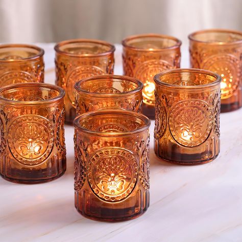 PRICES MAY VARY. Vintage 12 Amber Votive Candle Holders: This set includes 12 amber glass candle holders. Each holder has a dimension of 2.1" (width) x 2.6" (height), making them perfect for tealight, votive, LED, or flameless candles with a diameter of up to 1.8". Get ready to light up your space Perfect Boho Table Centerpiece: The retro amber colors of these table candle holders create a warm and cozy atmosphere. Great for fall wedding centerpieces, fall baby shower decor, fall themed gatherin Gold Votive Candles, Fall Candle Holders, Fall Wedding Tables, Fall Table Centerpieces, Fall Candle, Baby Shower Tea, Fall Wedding Centerpieces, Thanksgiving Table Decorations, Vintage Candle Holders