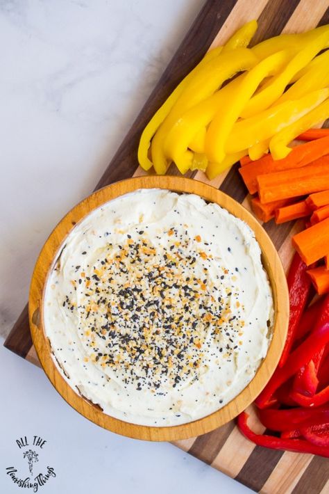 wooden bowl of everything seasoning cream cheese dip with yellow and red peppers and carrot sticks Everything Seasoning, Cream Cheese Dip, Tomato Tart, Cream Cheese Dips, Keto Friendly Desserts, Veggie Dip, Low Carb Breakfast Recipes, Low Carb Recipes Dessert, Low Carb Breakfast