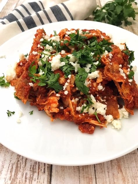 Chilaquiles with Chicken and Queso Fresco Chicken And Queso, Chicken Chilaquiles, Chilaquiles Recipe, Baked Tortilla Chips, Homemade Chicken Stock, Sauteed Zucchini, Registered Dietitian Nutritionist, Fire Roasted Tomatoes, Chicken Tortilla