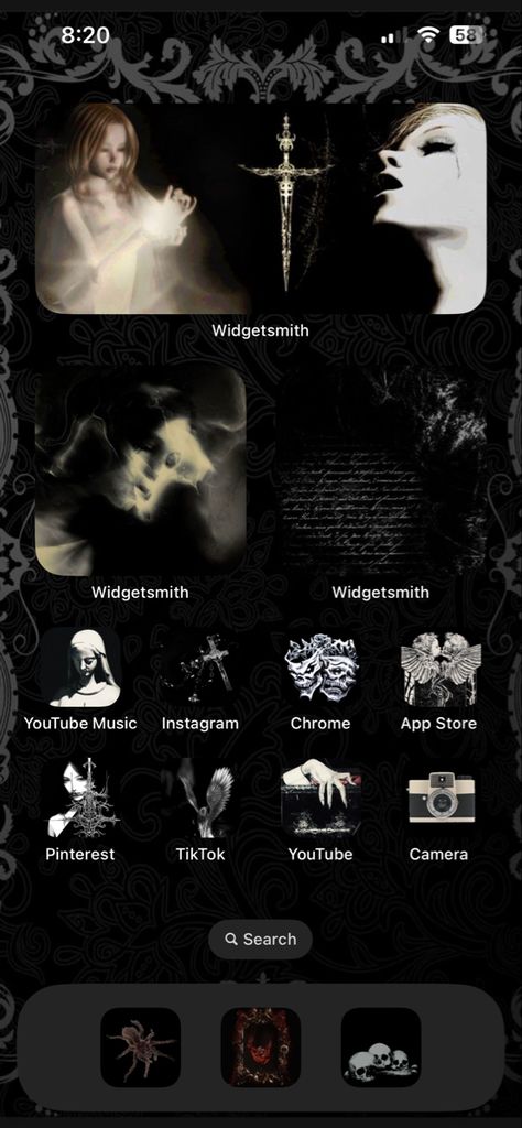 Dark Phone Widget Aesthetic, Gothic Playlist Covers, Gothic Iphone Theme, Fatal Frame Phone Theme, Gothic Homescreen Layout, Dark Phone Layout Ideas, Alt Phone Layout, Black Phone Widget, Horror Iphone Theme