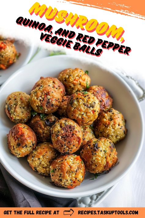 Discover a healthy, flavorful delight with our Mushroom, Quinoa, and Red Pepper Veggie Balls recipe. Packed with the rich, earthy taste of mushrooms and the perfect balance of quinoa and red pepper, these veggie balls are a must-have for your weekly meal prep. Ideal for vegetarians and anyone looking for a hearty, nutritious alternative to meatballs. Whip up this easy-to-follow, delicious and nutritious meal - perfect for a weeknight dinner or a festive gathering. Find more Quinoa Balls Recipes, Veggie Balls Recipe, Red Quinoa Recipes, Mushroom Balls, Quinoa Balls, Veggie Balls, Quinoa Meatballs, Mushroom Quinoa, Work Recipes