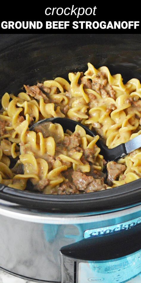 This easy to make Crockpot Ground Beef Stroganoff recipe is a delicious, cozy, comfort food filled with savory beef slow cooked in a decadent creamy sauce served over tender noodles. It’s a flavorful and hearty meal that's guaranteed to be a family favorite. Crockpot Ground Beef Stroganoff, Ground Beef In Crockpot, Beef And Noodles Crockpot, Ground Beef Stroganoff Recipe, Crockpot Ground Beef, Ground Beef Crockpot Recipes, Slow Cooker Ground Beef, Recipes Using Ground Beef, Beef Stroganoff Crockpot