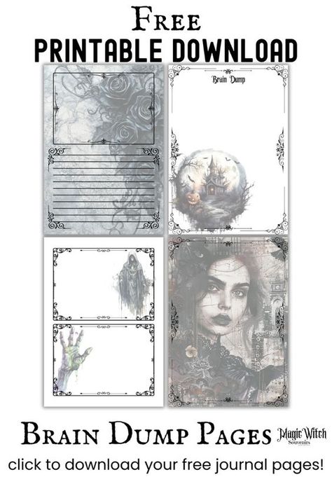 Click the link to download the NEW Gothic Brain Dump Pages. 18 Free pages in US Letter Size. Gothic Junk Journal Printables Free, Free Scrapbook Printables, Junk Journal Ideas Free Printable, Halloween Cabin, Free Printable Journal Pages, Gothic Art Prints, Witch Planner, Gothic Journal, Diy Journaling