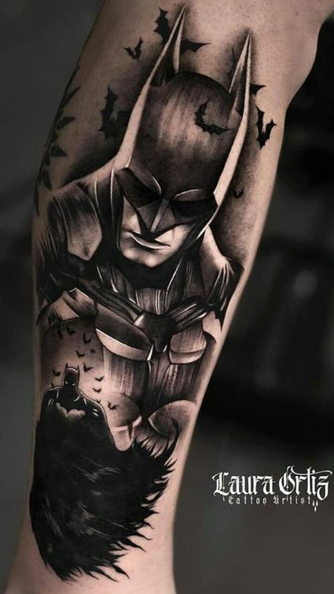 Superhero Tattoos Sleeve, Comic Tattoos For Men, Batman And Joker Sleeve Tattoo, Batman Leg Sleeve Tattoo, Batman Shoulder Tattoo, Batman Cover Up Tattoos, Batman Portrait Tattoo, Batman And Joker Tattoo Ideas, Gotham Tattoo Ideas