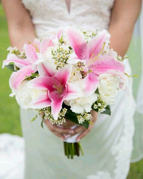 Bridal bouquet consisting of lilies and roses made by Watanabe Floral. Pink Lily Bouquet, White Rose Bridal Bouquet, Lilies And Roses, Orchid Bouquet Wedding, Prov 31, Homecoming Flowers, Pink Lily Flower, Lily Bridal Bouquet, Unique Bridal Bouquets