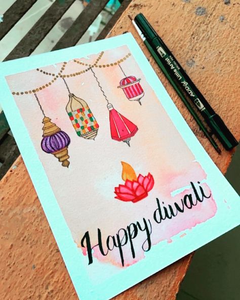 Watercolour painting Diwali Paintings Easy, Diwali Poster Ideas For School, Happy Diwali Creative Posters, Diwali Inspired Painting, Happy Diwali Poster Drawing, Diwali Card Drawing, Happy Diwali Painting, Diwali Theme Drawing, Diwali Card Ideas Handmade