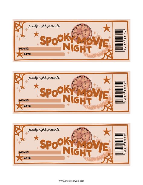 Spooky Movie Night tickets | Printable play – The Letter Vee Spooky Movie Night Basket, Printable Ideas Templates, Halloween Movie Night Tickets, Halloween Movie Night Printable, Halloween Movie Ticket, Christmas Night Ideas, Diy Movie Night Decorations, Cute Movie Night Ideas, Spooky Night Ideas