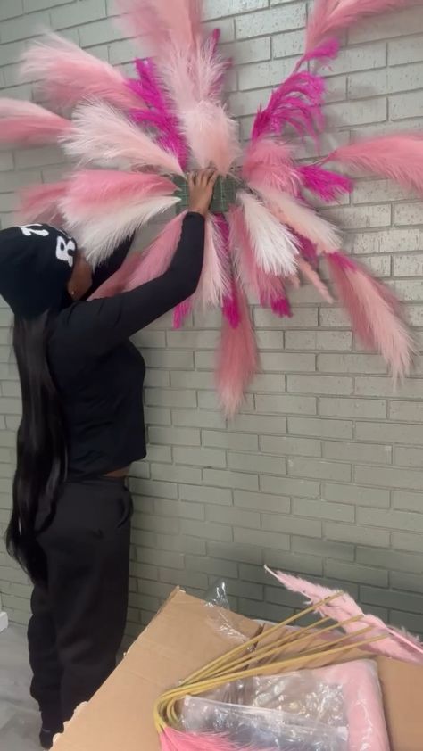 DIY pampas wall* All items used for this piece are linked Ideas For Salon Decorating, Pampas Grass Wall Arrangement Diy, Pink Pampas Wall Decor, Pampas On Wall, Pink Nail Room Decor, Pampas Wall Decor Salon, Salon Suite Wall Decor, Pink Salon Interior Design, Wax Suite Ideas