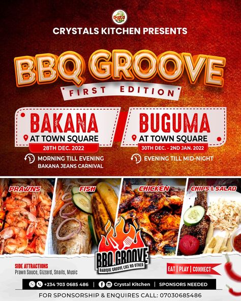 Carnival Flyer Design for BBQ GROOVE Prawn Sauce, Carnival Flyer, Bbq Flyer, Prawn Fish, Sides For Chicken, Bbq Fish, Flyers Design, Fish And Chicken, Event Flyer