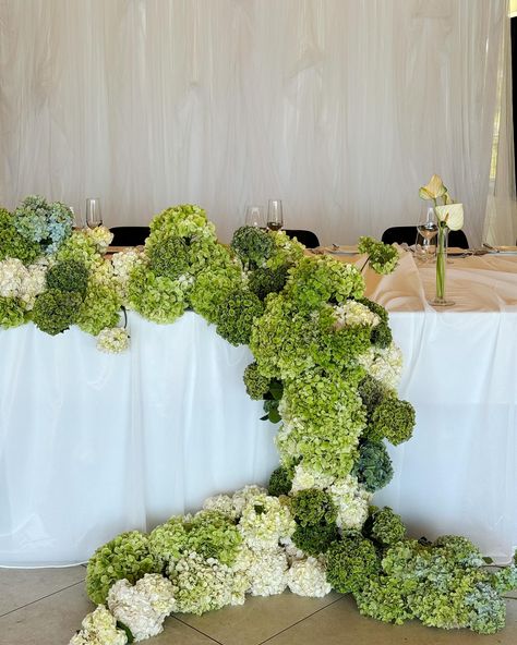 Hydrangea heaven Hortensia Wedding Decoration, Green Hydrangeas Wedding, Green And White Hydrangea Wedding, Hydrangea Aisle Decor, Hydrangea And Tulip Bouquet, Wedding Florals Hydrangeas, Green And Rose Wedding, White And Green Table Decor, Hydrangea Installation