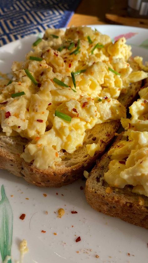 Egg White Scramble, Eggs On Toast, Wholemeal Bread, Creamy Scrambled Eggs, Spicy Honey, Egg Toast, Aip Recipes, On Toast, Chilli Flakes