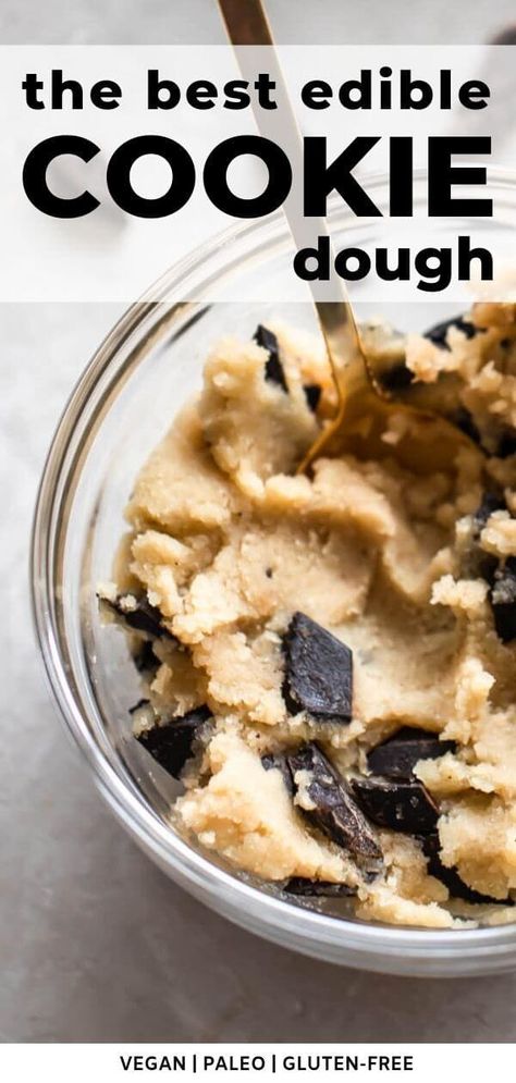 This paleo edible cookie dough recipe is simply delicious and made with a handful of ingredients, including almond flour, semi-sweet chocolate chunks, nut milk, and coconut oil. It only takes a few minutes to make! | realandvibrant.com #realandvibrant #dessert #snack #paleo #glutenfree #cookiedough #ediblecookiedough #vegan Cookie Dough For One, Edible Cookie Dough Recipe, Cookie Dough Recipe, Healthy Cookie Dough, Raw Cookie Dough, Cookies Gluten Free, Best Edibles, Dessert Aux Fruits, Cookie Dough Recipes