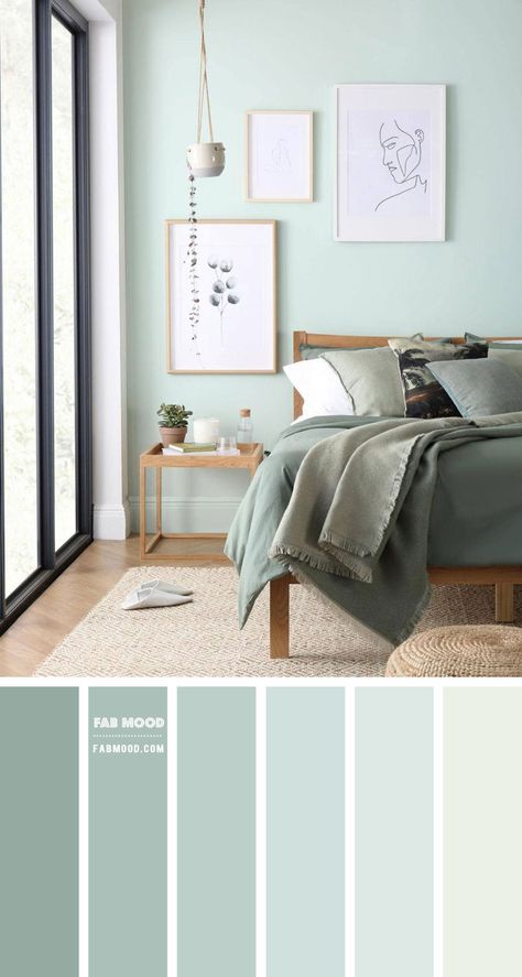 mint and sage green bedroom, mint bedroom, green bedroom, soft green bedroom color scheme Bedroom Colour Schemes, Light Green Bedrooms, Mint Green Bedroom, Mint Green Rooms, Mint Bedroom, Sage Bedroom, Green Bedroom Walls, Beautiful Bedroom Colors, Wall Color Combination