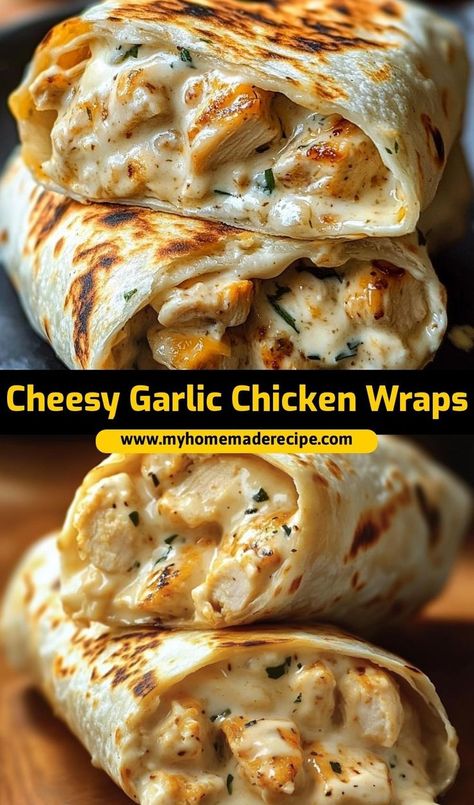 These cheesy garlic chicken wraps are the ultimate chicken wraps for lunch or dinner. Packed with garlic flavor and melted cheese, they’re the best chicken wraps for any meal Cheesy Garlic Wraps, Cheesy Chicken Garlic Wrap, Garlic Chicken Wraps, Cheesy Chicken Alfredo Wraps, Cheese Garlic Chicken Wraps, Creamy Chicken Tortilla Wraps, Creamy Garlic Chicken Wraps, Cheesy Chicken Wraps, What To Make With Cooked Chicken